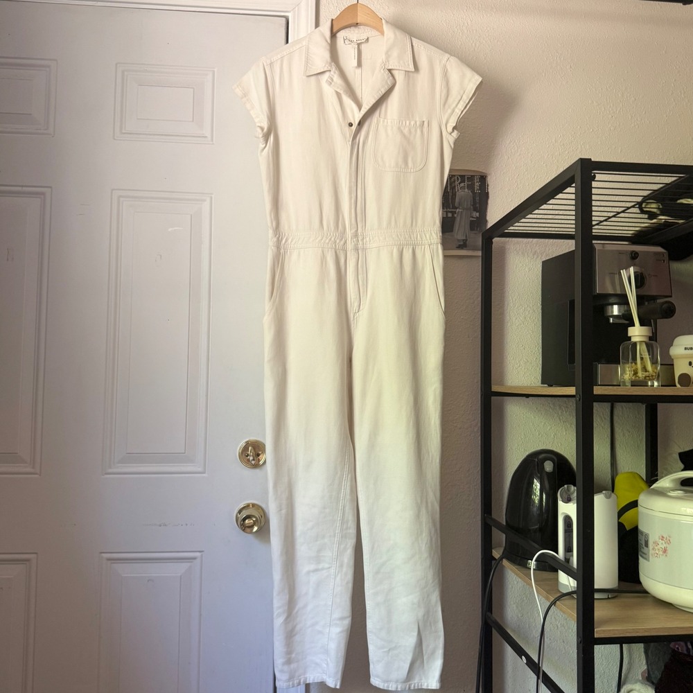 APIECE APART white linen cotton zip up short sleeve straight leg jumpsuit